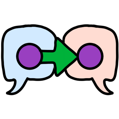Two speech bubbles. One is very pale blue, one is very pale red. They both have a purple circle in them. A green arrow points from the circle in the blue speech bubble to the circle in the red speech bubble.